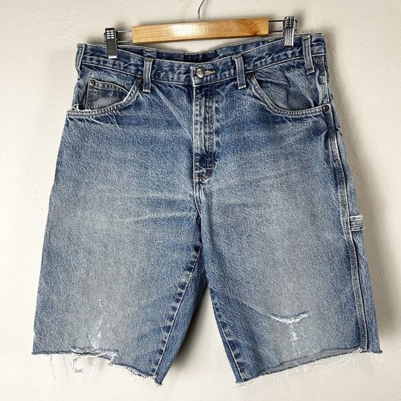 Dickies Shorts Mens 34 Blue Denim Carpenter Cut Offs Distressed‎ Holes Stains - Picture 1 of 8